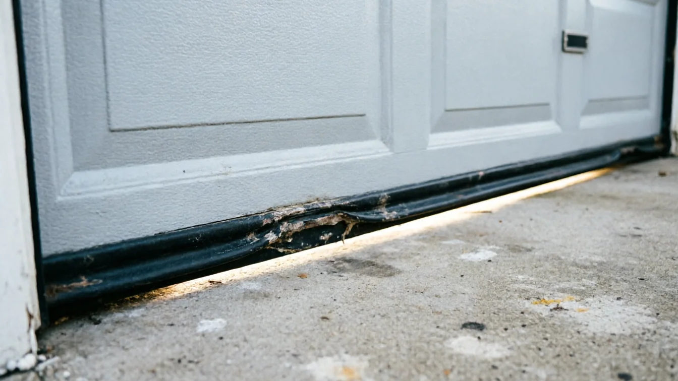 The bottom of a light gray garage door has a damaged weather seal.