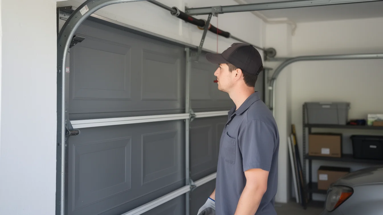 A technician in a gray shirt and black cap looks at a gray garage door.