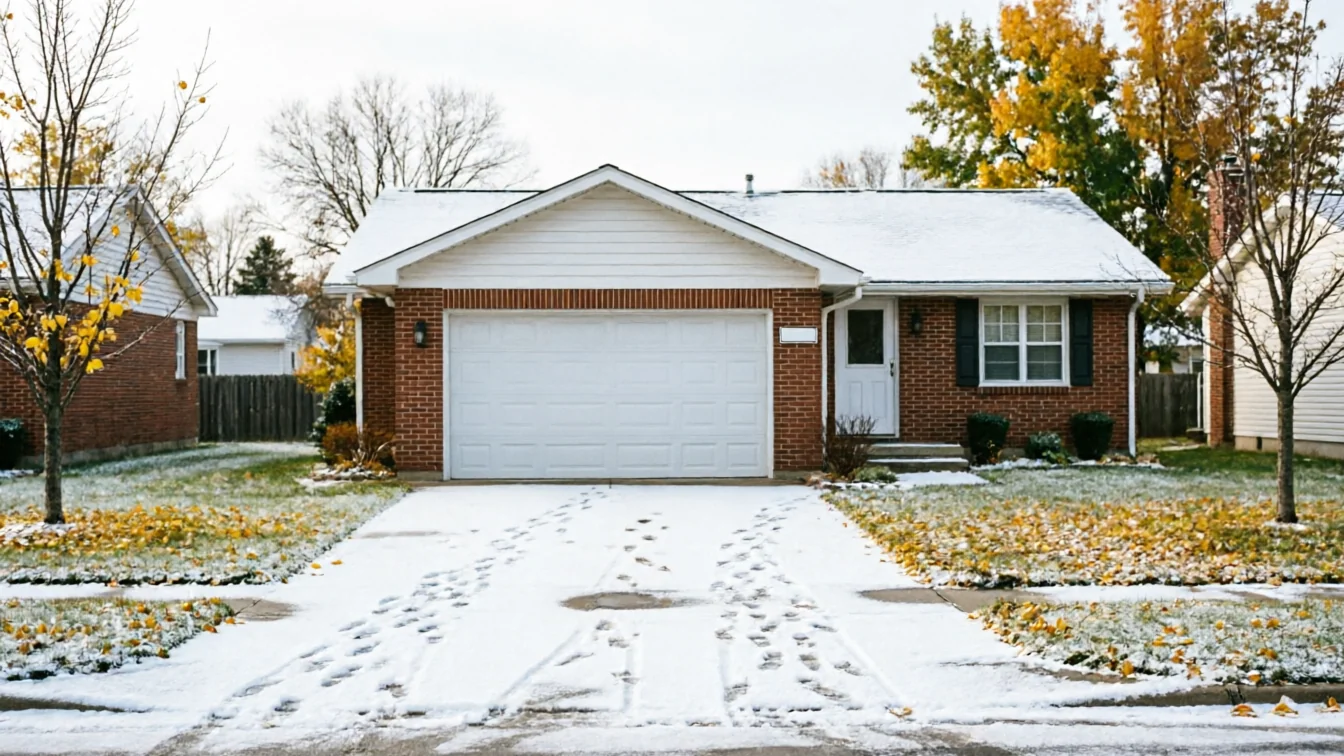 A brick house with a white garage door and a snow-covered driveway.
