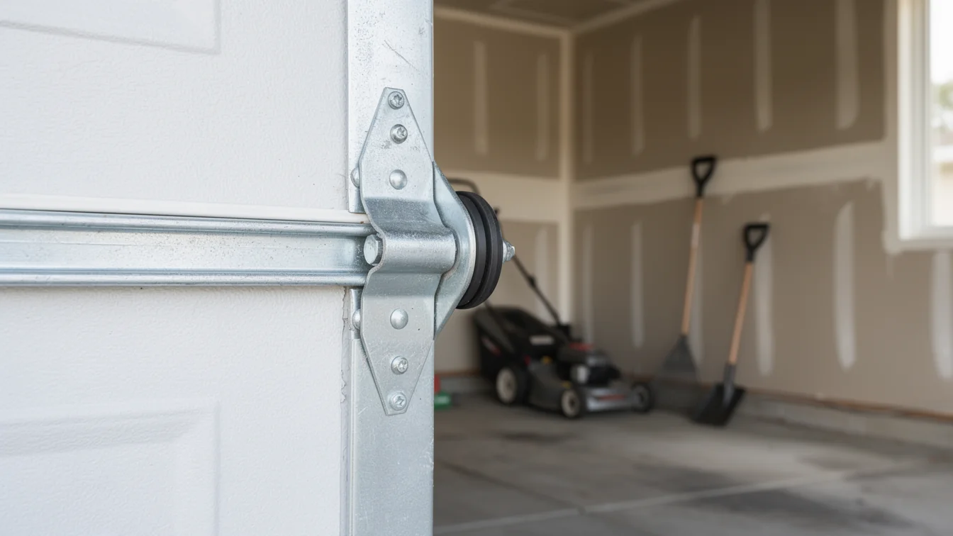 A white garage door hinge and roller are visible, with a garage interior in the background.