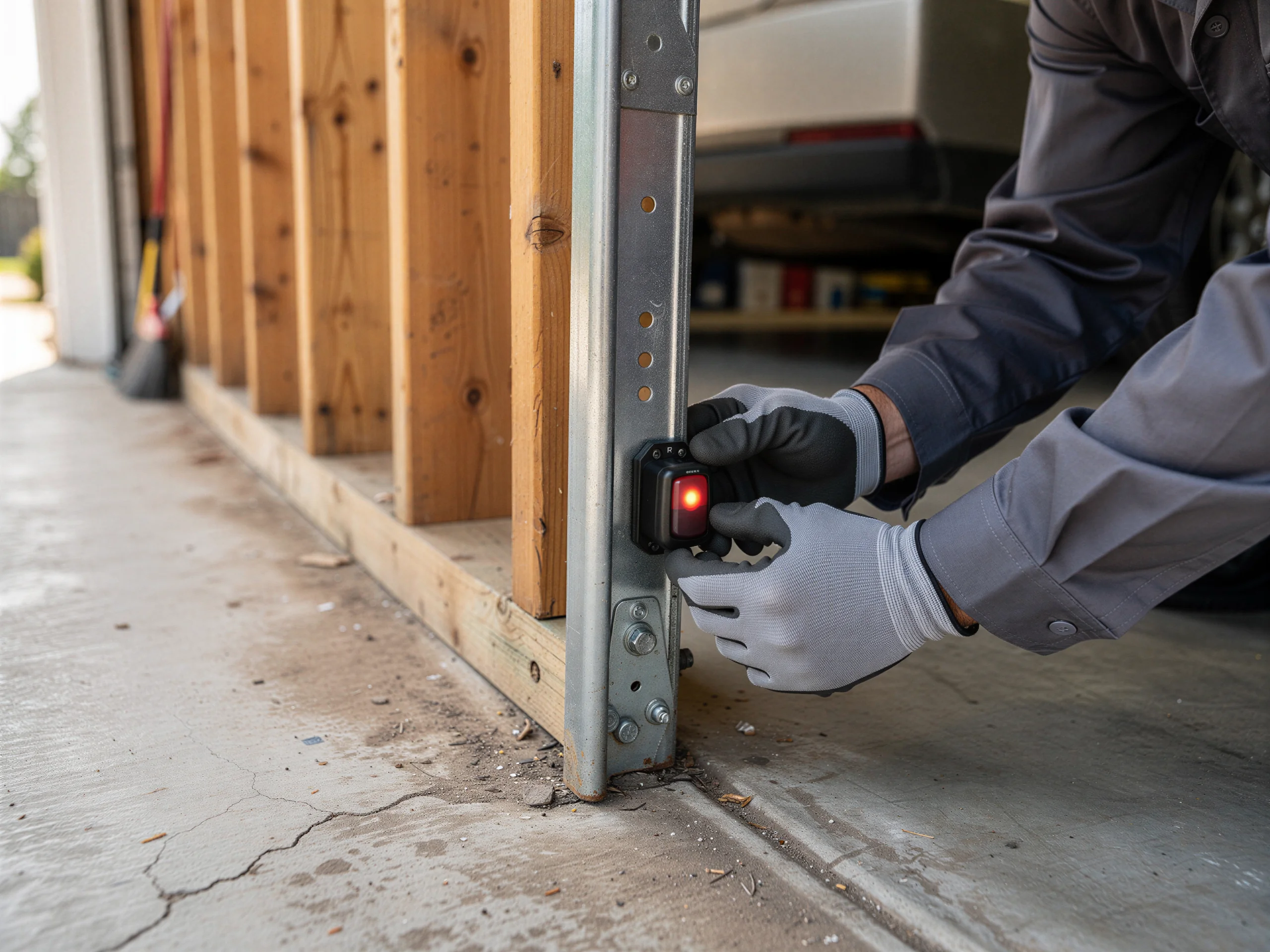 A technician in gloves adjusts a garage door safety sensor with a red light.