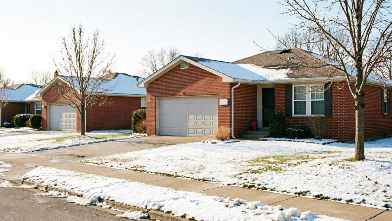 A row of brick houses with white garage doors and snow on the ground.